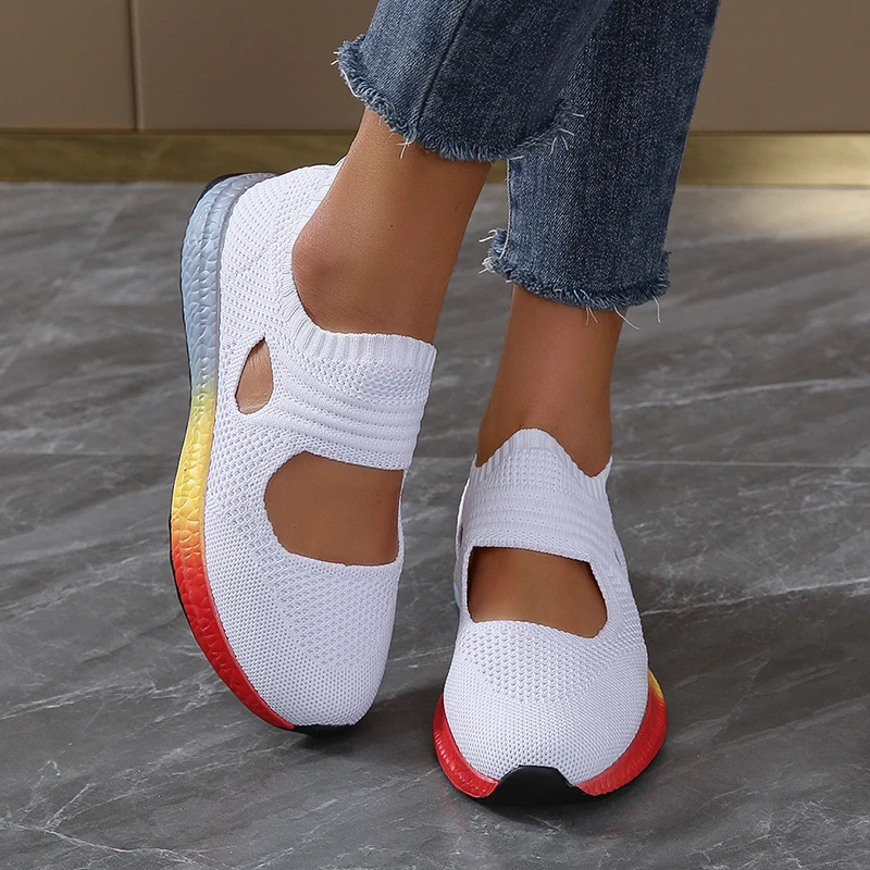 

Summer large size sandals women's flat bottom sports running shoes breathable knitted slip-on shoes soft bottom non-slip shoes