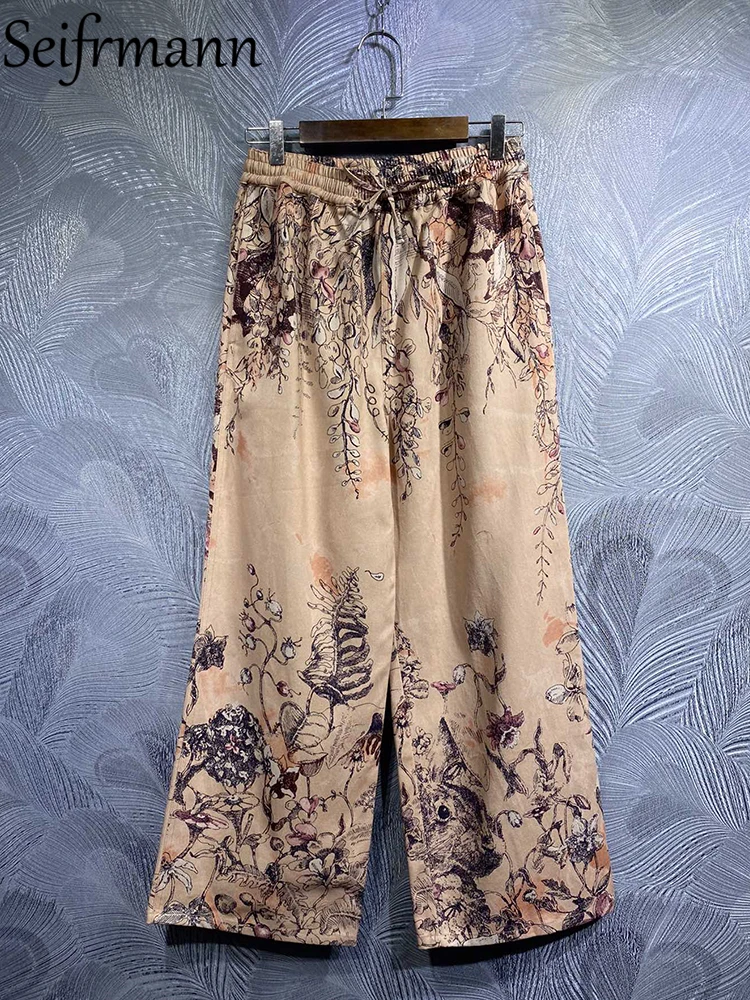 Seifrmann High Quality Summer Women Fashion Designer Long Pants Lace Up Elastic Waist Flower Printed Cotton Wide Leg Long Pants