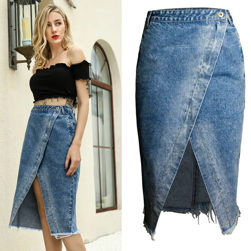 

2023 Women Summer Irregular Tassel Denim Skirts New Europe America All-Match High Street Split Overlapping Blue Jeans Jupe Femme