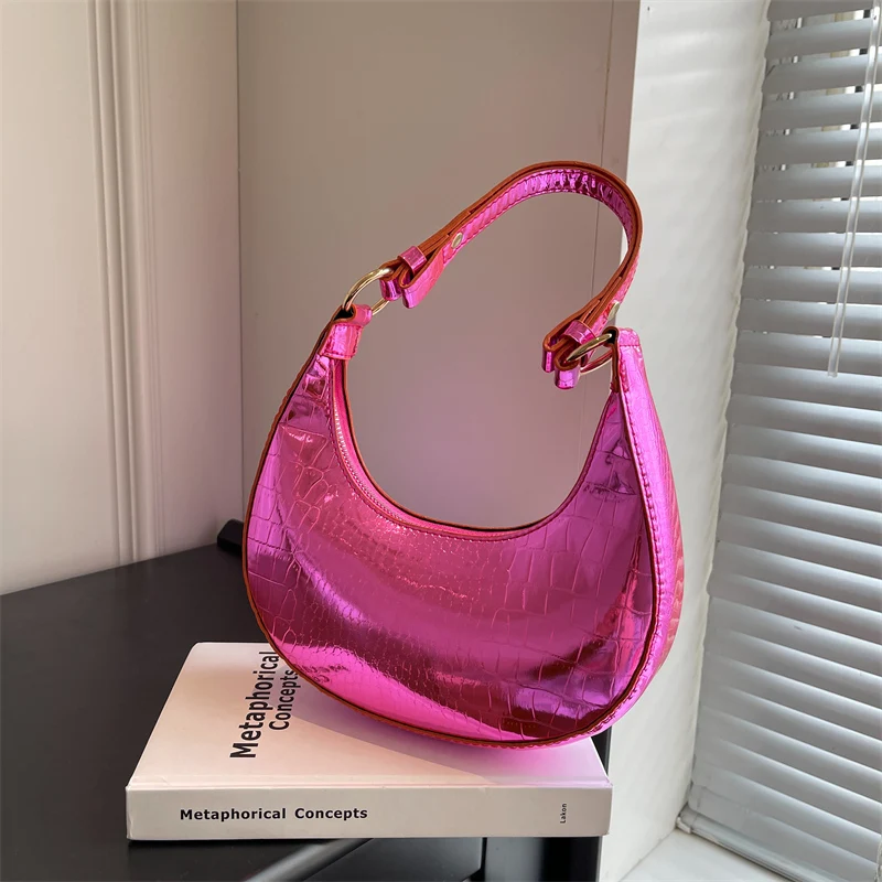 

Women Bag Fashion Crocodile Pattern Zipper Half Moon Bag Bright Color Hobo Bag Exquisite Underarm Bag Female Shoulder Bag 2023