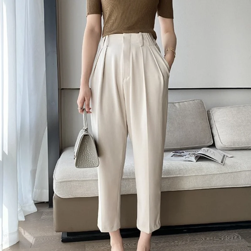 2023 New Bifold High Waist Three-dimensional Loose Micro Cone High Waist Skinny Casual Suit Trousers