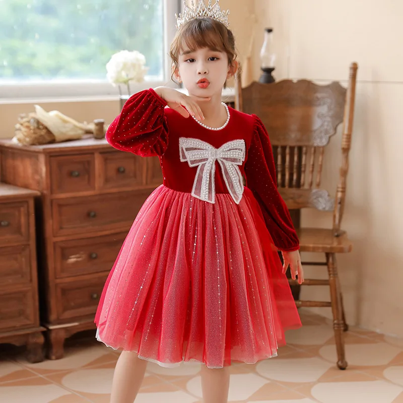 

Платье принцессы для девочек 2022 платье для новогодвечерние детское бархатное плотное теплое Сетчатое платье красное милое платье для дево...
