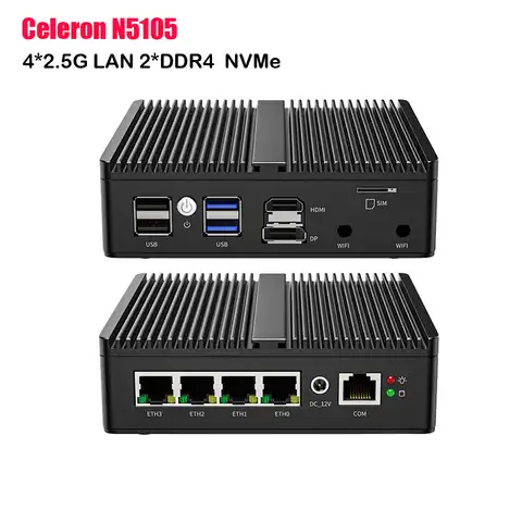 Мини-ПК Celeron без вентилятора с 4 * Intel i225 2,5G 1 * RJ45 COM HDMI DP pfSense