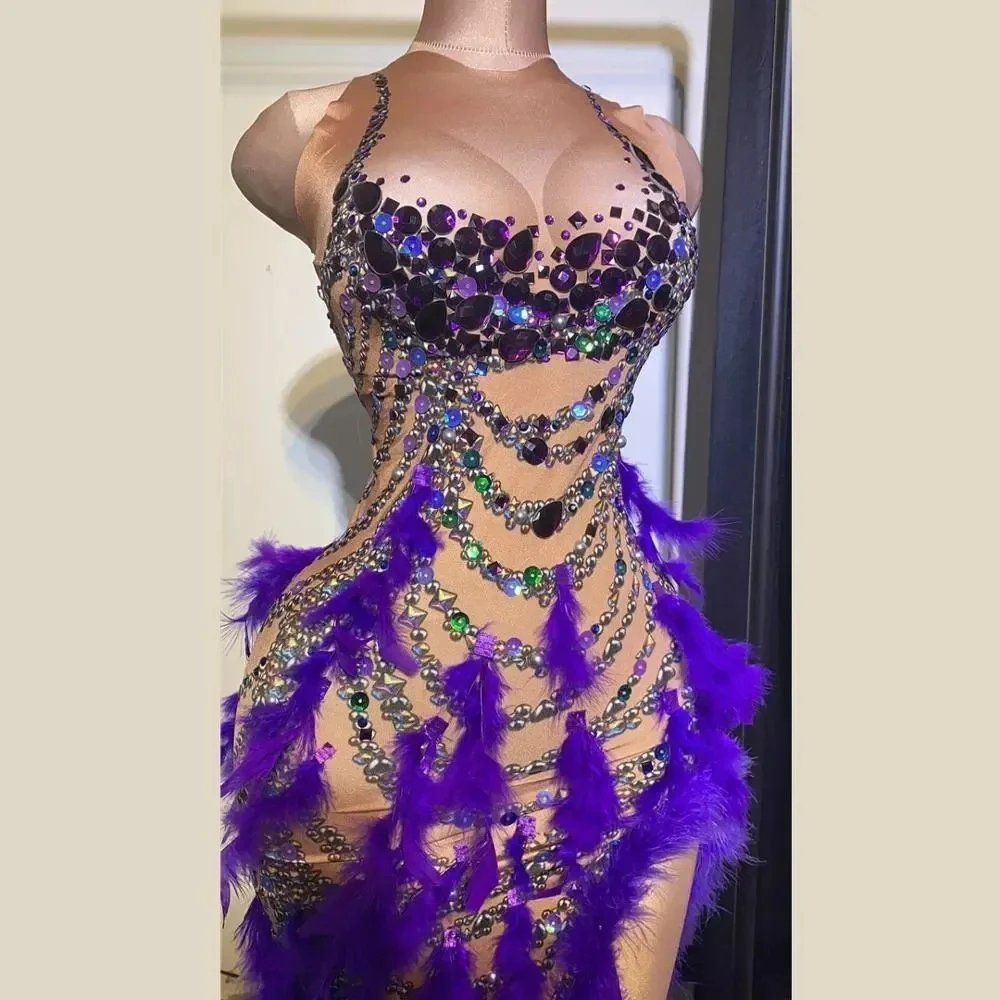 Сексуальное фиолетовое длинное платье с блестками и кристаллами перьями женское