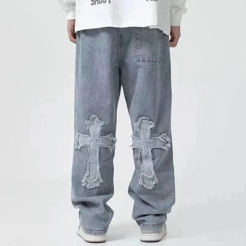 Streetwear Hip Hop Low Rise Baggy Jeans For Men Korean Y2k Fashion Trousers Cross Denim Pants Women Cargo Pants Punk Clothes
