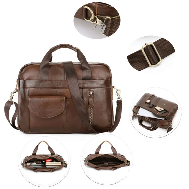Fashion desig natural real leather men portable business briefcase daily work lawyer multi-pocket single shoulder messenger bag