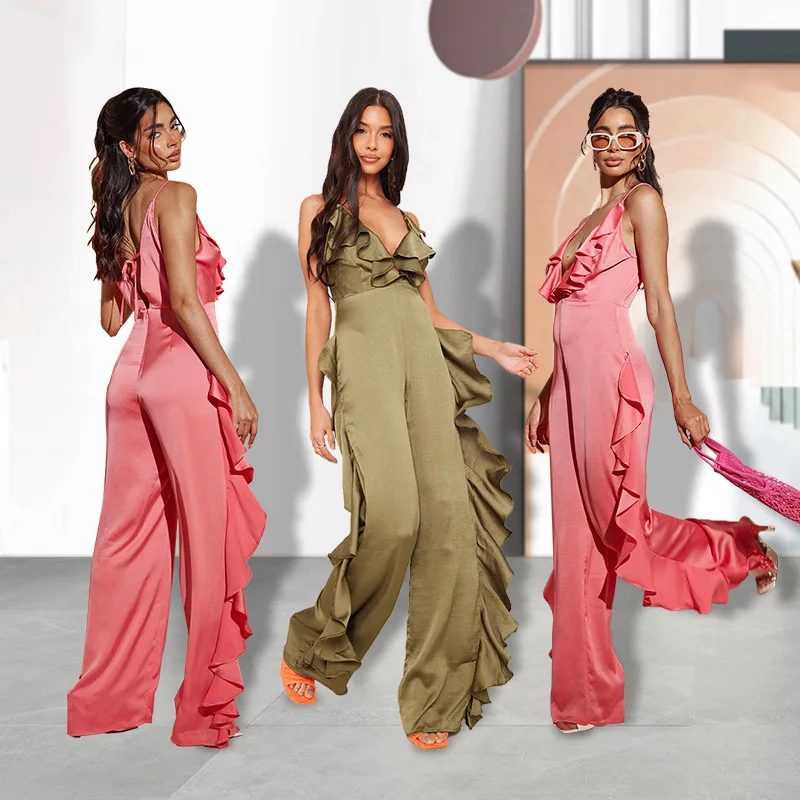 Women's 2022 jumpsuits women summer new deep V satin pure color falbala jumpsuits women in Europe and America