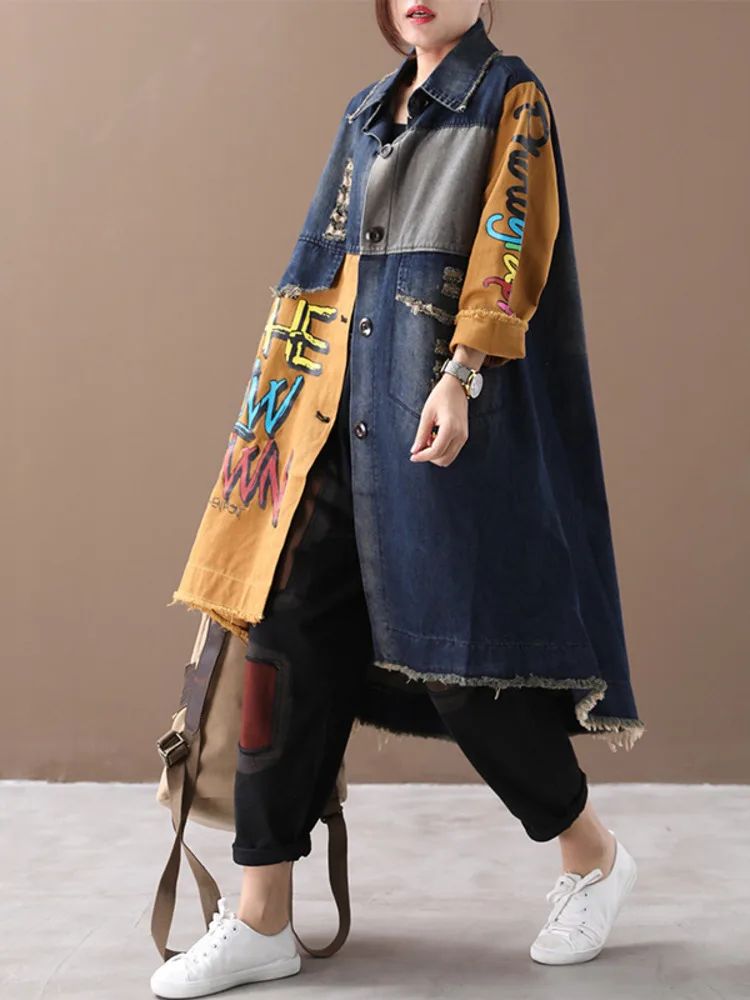 

Autumn Spring Women Punk Clothing Ladies Denim Holes Long Trench Coats Retro Oversized Windbreaker Korean Style