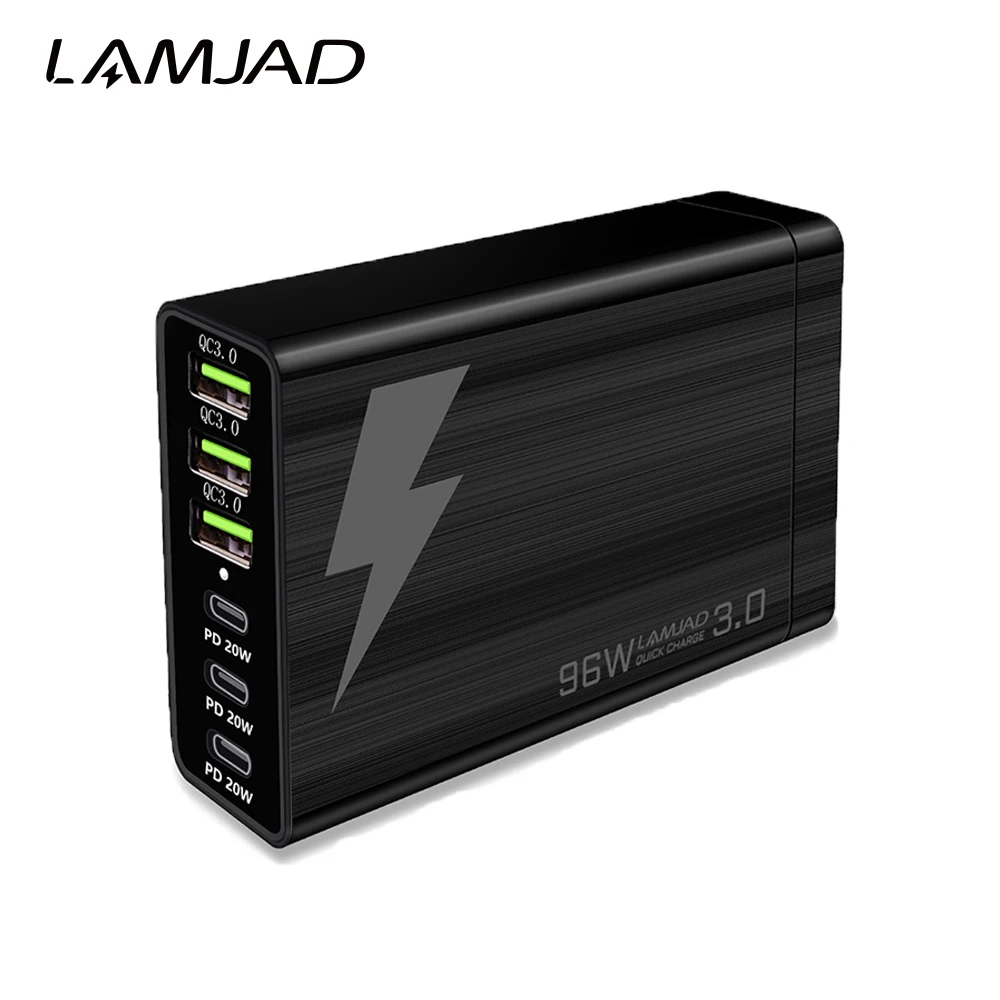 

6-портовая зарядная станция USB C, 96 Вт, мультипорты с 3 USB-C + 3 USB-A, портативный хаб для быстрой зарядки для iPad,iPhone 14, телефона Pixel