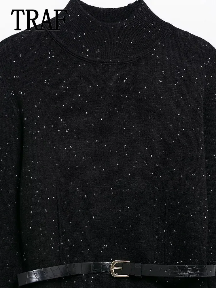 TRAF женский вязаный свитер с воротником-стойкой новый осенний декоративный пояс