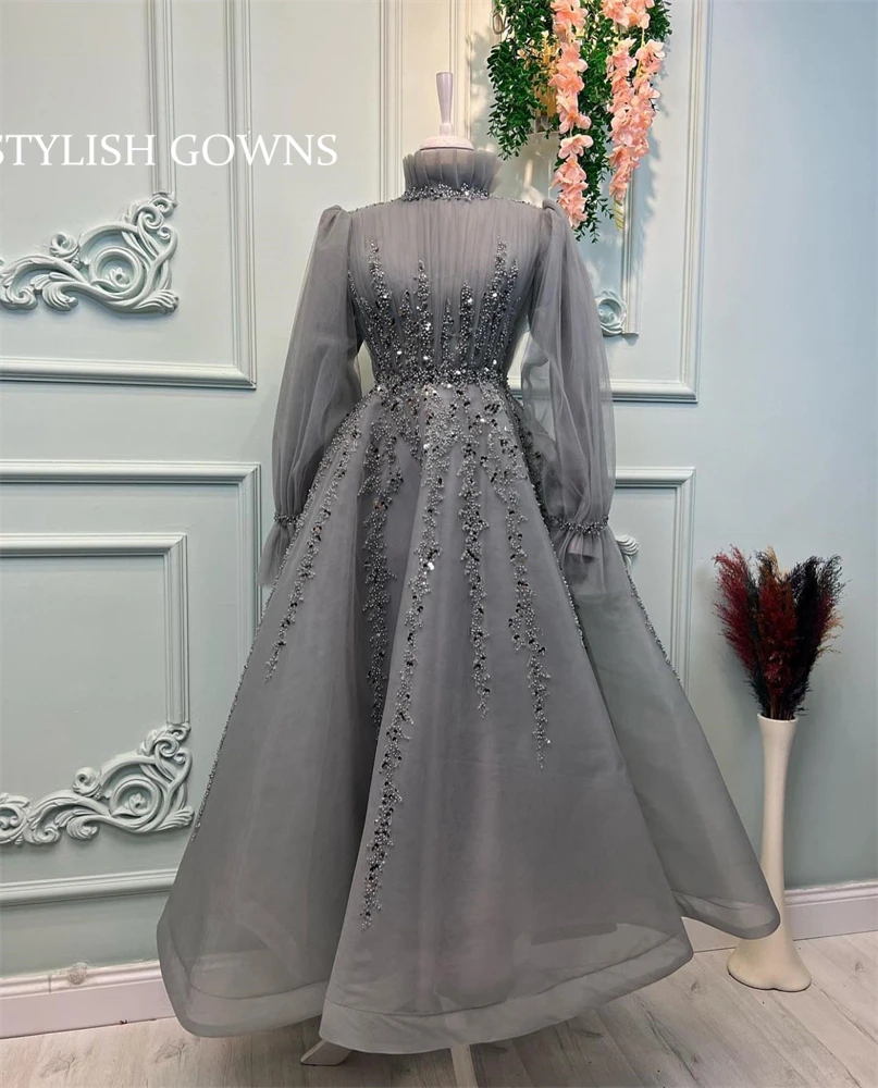 

Muslim Elegant High Neck Evening Dress For Black Girls 2023 Beaded Crystal Birthday Party Dresses With Lantern Sleeves Moroccan
