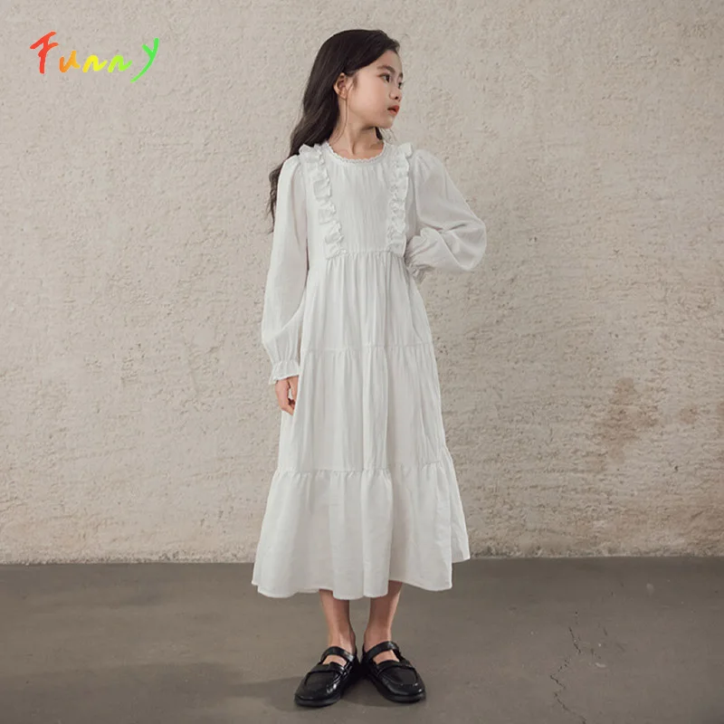 

White Ruffles Cotton Dress for Kids Girl Autumn 2024 Casual Girls Maxi Long Dresses Robe Princesse Fille Teenage Clothes