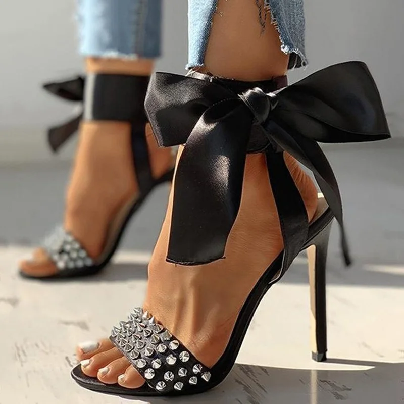 

Black Open Toe Stiletto High Heel Sandals Women's Luxury Ribbon Bowknot Rhinestone Sandals Big Size Summer Party Shoes 2022 New