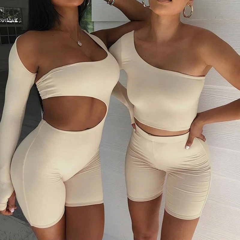 

Solid Asymmetrical Two Piece Sets 2023 Women Tracksuit Crop Tops+Elastic Bike Shorts Sporty Matching Suits Casual Female Outfit