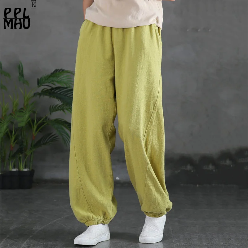 

Plus Size 100% Cotton Linen Bloomers Women Casual Jazz Elastic Waist Thin Harem Pants New Arrivals Solid Baggy Vintage Sweatpant