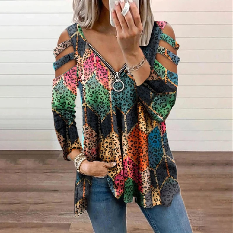 

Summer Women's Oversized T-shirt 2022 Fashion Leopard Print Off Shoulder Long Sleeve Loose Top Female Plus Size Women Clothing