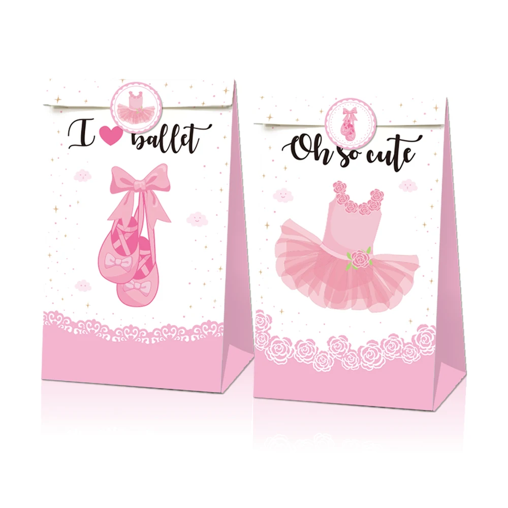 LB041 12Pcs Sweet Ballet Dancing Girl Happy Birthday Party Candy Kraft Paper Gift Bags Stickers Baby Shower Party Decorations