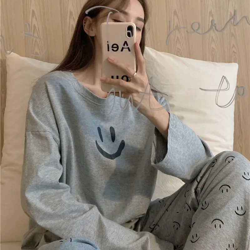 Women's Cotton Pajamas Smile Teenager Sweet Black Grey Home Clothes Warm Trouser Suits Nightgown Outfits Sleepwear Autumn Winter