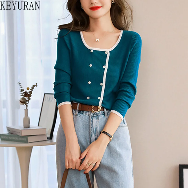

2022 Spring Autumn Women's Knitted Cardigans Sweater Solid Color Slim Square Neck Long Sleeve Double Breasted Cardigan Crop Top