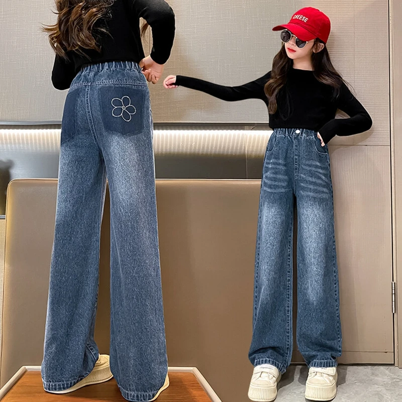 

Spring Autumn Teenage Girls Jeans New Casual Fashion Loose High Quality Kids Leg Wide Pants School Children Trousers 4-14Years