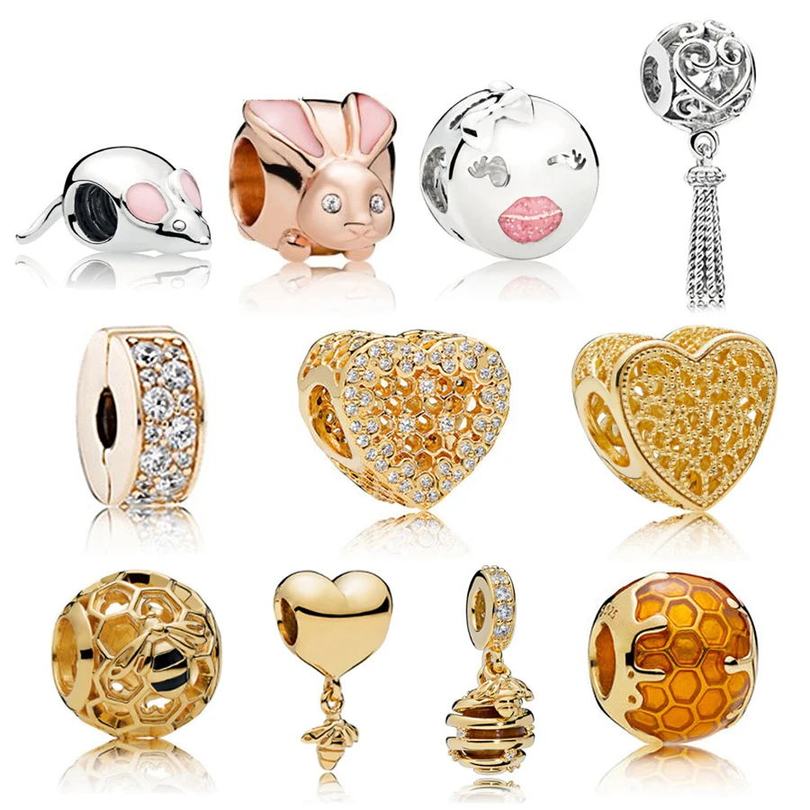 

NEW NEW 100% 925 Sterling Silver Charms Bead Rose Gold Mouse 18 Gold Shine Wasp Fee Fit DIY Bracelets factory wholesale