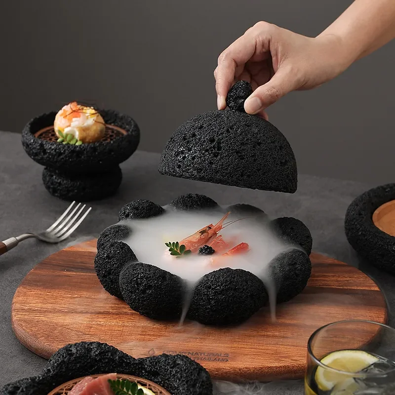 

Hotel Ball Food Stone Sashimi Style Plate Artistic Dish Black Coal Creative Salmon Japanese Display Sushi Tableware Tray