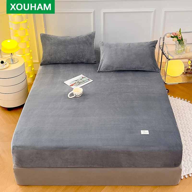 

XOUHAM Milk Velvet Warm Fitted Sheet Solid Color Fitted Cover Non Fading Bedding 3 PCS (1 Fitted Sheet + 2 Pillowcase) Only