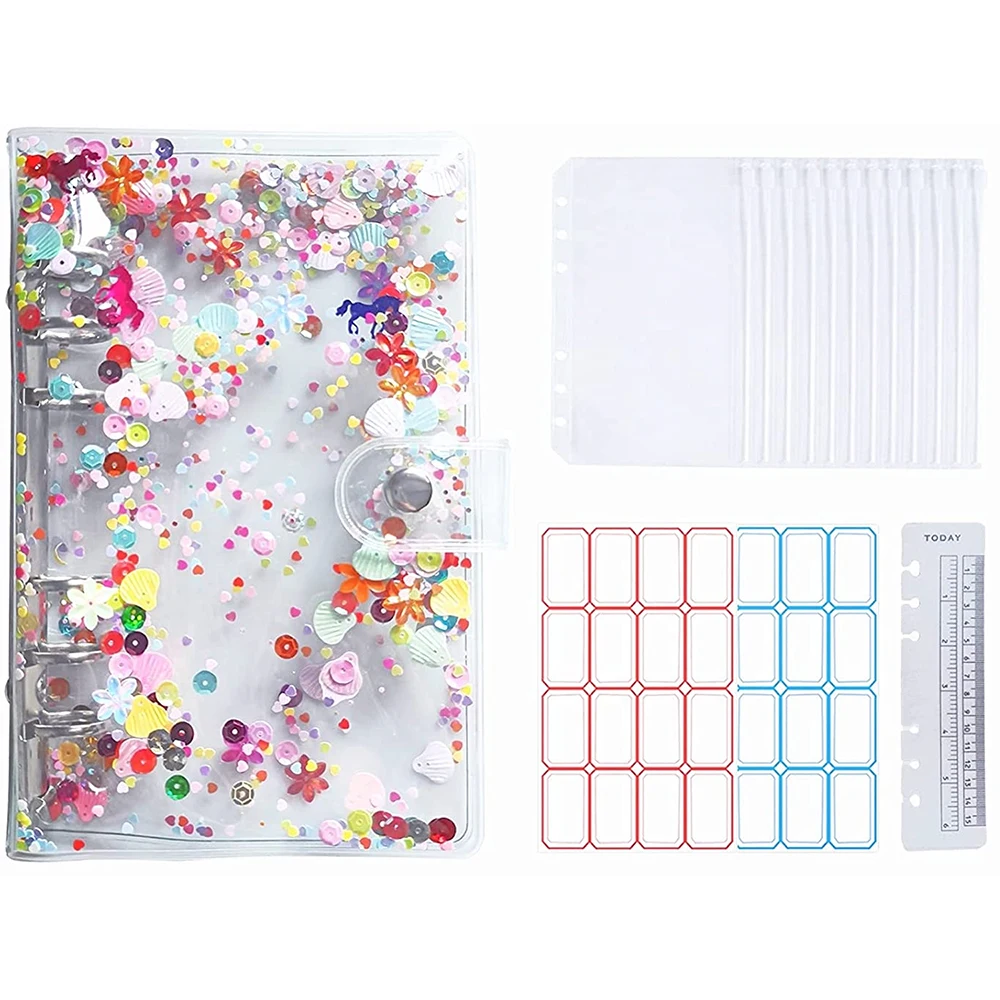 

15 Pieces A6 Budget Binder Glitter Cover Cash Envelopes with 12Pcs 6 Hole Clear PVC Loose Leaf Bags ,Sticker Labels, A Ruler
