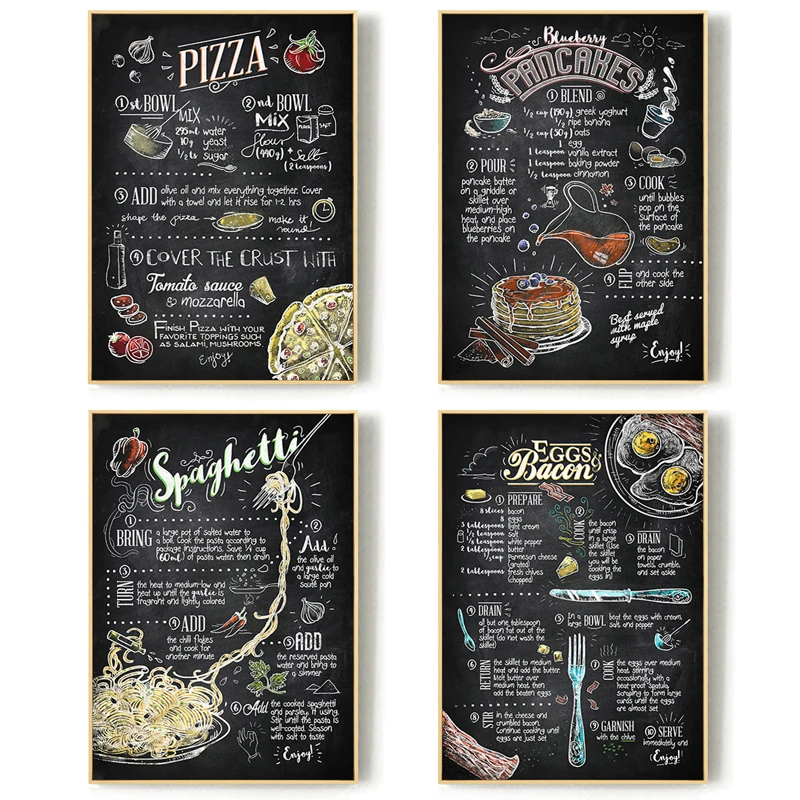 

Black Food Menu Canvas Painting Pizza Spaghetti Pancakes Eggs Bacon Poster Print Wall Art Picture Restaurant Kitchen Cafe Decor