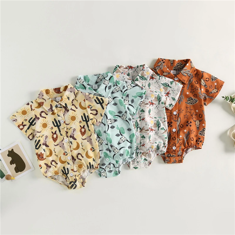 

Summer Infant Baby Boys Short Sleeve Romper Cow Head Print Turn-Down Collar Western Style Jumpsuits For Newborn Clothing