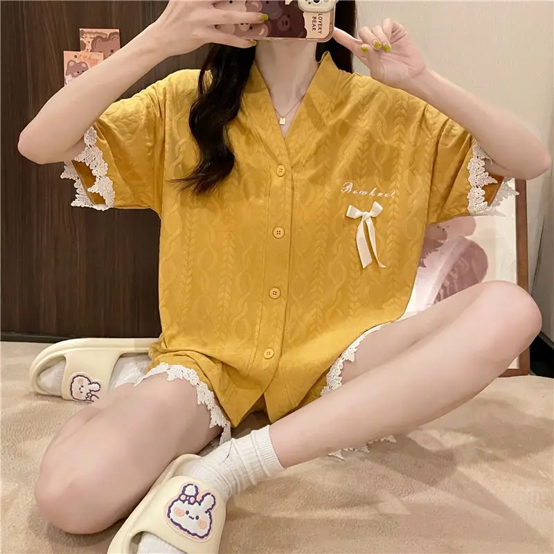 Pajamas Women Summer Cotton Large Size Short Sleeve 2-piece Set Sweet and Cute V-neck Thin Style Home Clothes Free Shipping