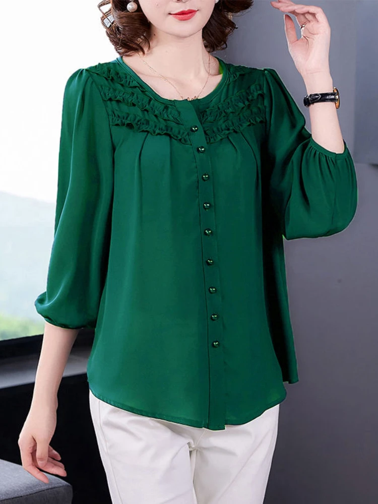 

Fashion Nine Quarter Sleeve O-neck Korean Blue Blouse Ladies Spring Big Size Mom Tops Chic Solid Chiffon Shirt Women 2022 New