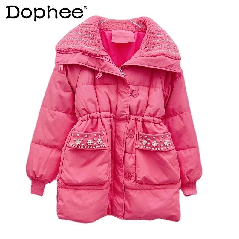 

Пальто тяжелой промышленности с большими лацканами и бусинами для женщин, новинка зима 2023, облегающее теплое пальто средней длины с хлопковой подкладкой