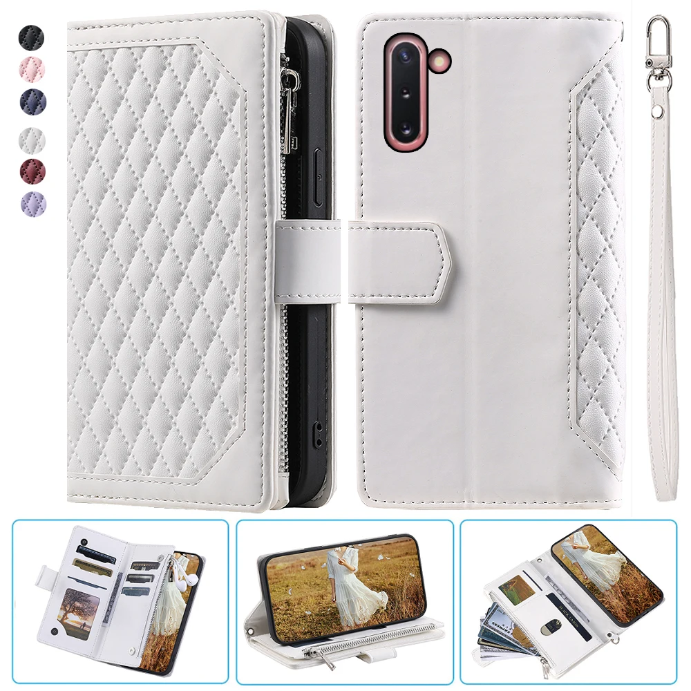 

For Samsung Note 10 Fashion Small Fragrance Zipper Wallet Leather Case Flip Cover Multi Card Slots Cover Folio with Wrist Strap