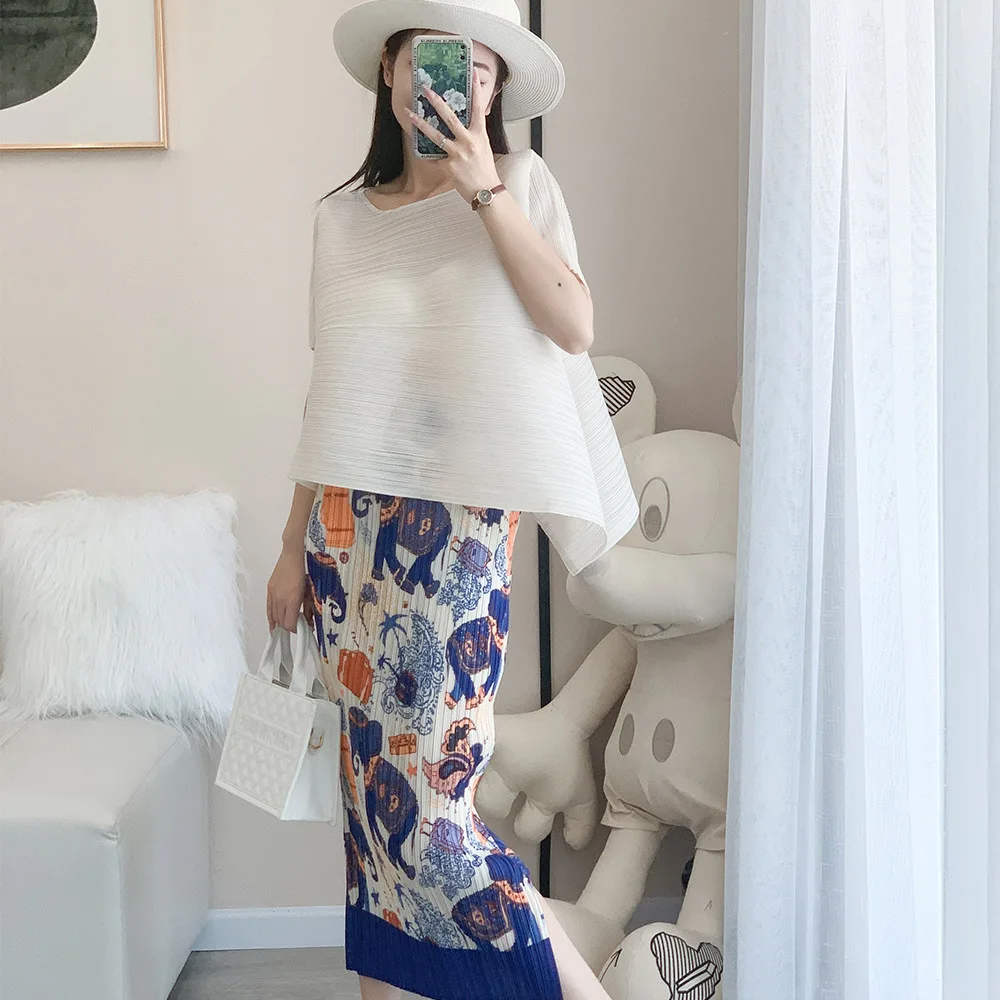 

Женский плиссированный повседневный костюм Miyake, новая летняя Асимметричная футболка с коротким рукавом и юбка с разрезом