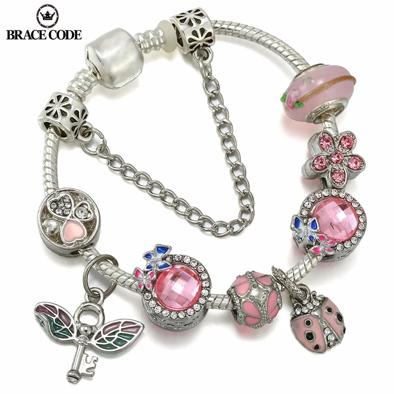 

BRACE CODE Silver Plated Snake Bone Chain DIY Love Ladybug & Wings Pendant Women's Bracelet DIY Butterfly Clover Fine Bracelet