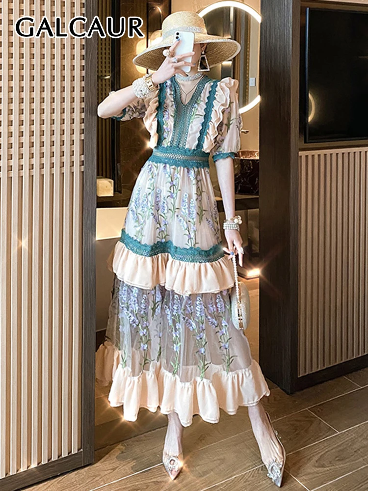 

GALCAUR Patchwork Embroidery Floral Dress For Women V Neck Puff Sleeve High Waist Long Dresses Female 2022 Summer Clothing Style
