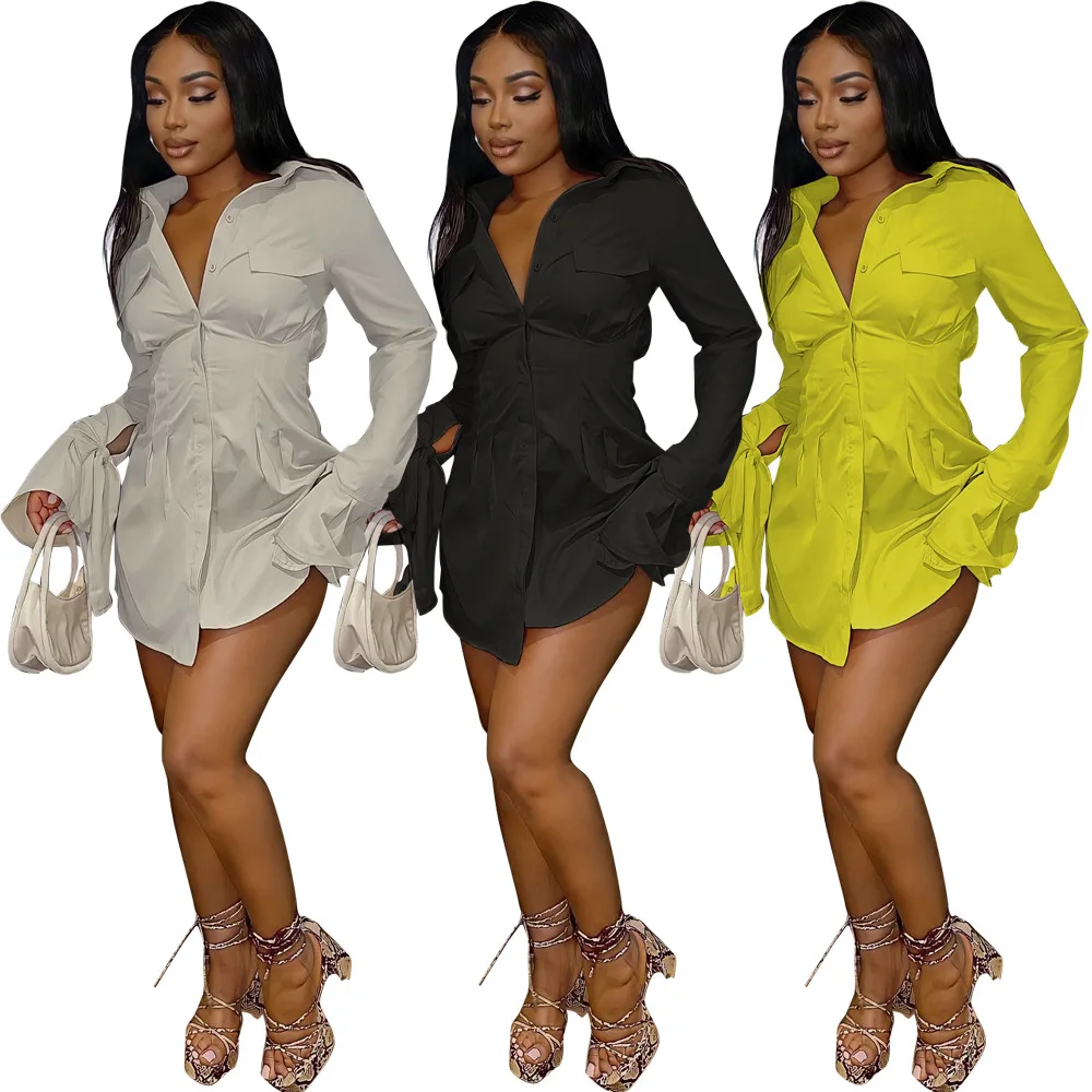 

Женское платье-рубашка, новое однотонное платье с воротником-рубашкой, пуговицами и расклешенными рукавами, модное платье в европейском и американском стиле, 2023