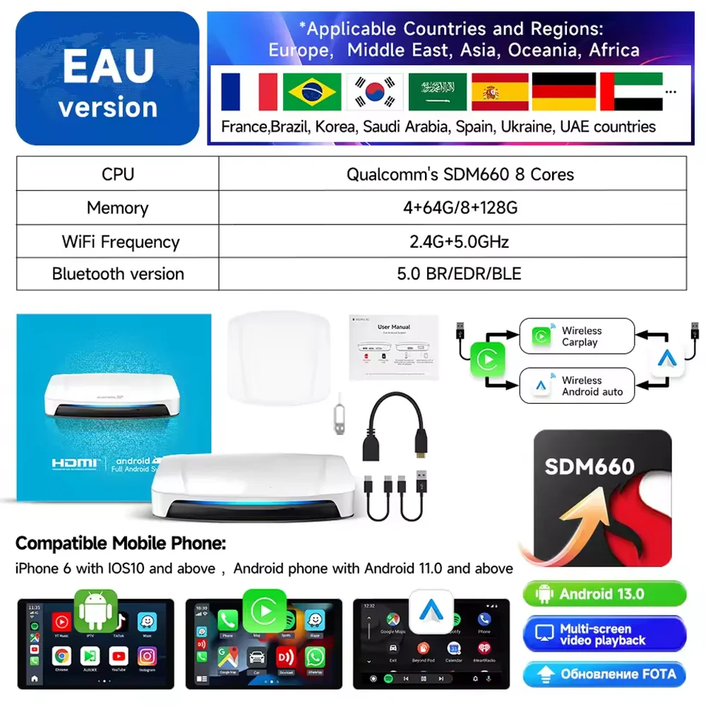 

CarPlay Ai Box 2025 Carlinkit Android 13.0 Система UHD ТВ-приставка SM6225/SM660 Android Auto Беспроводной адаптер Carplay 128 ГБ HD-выход