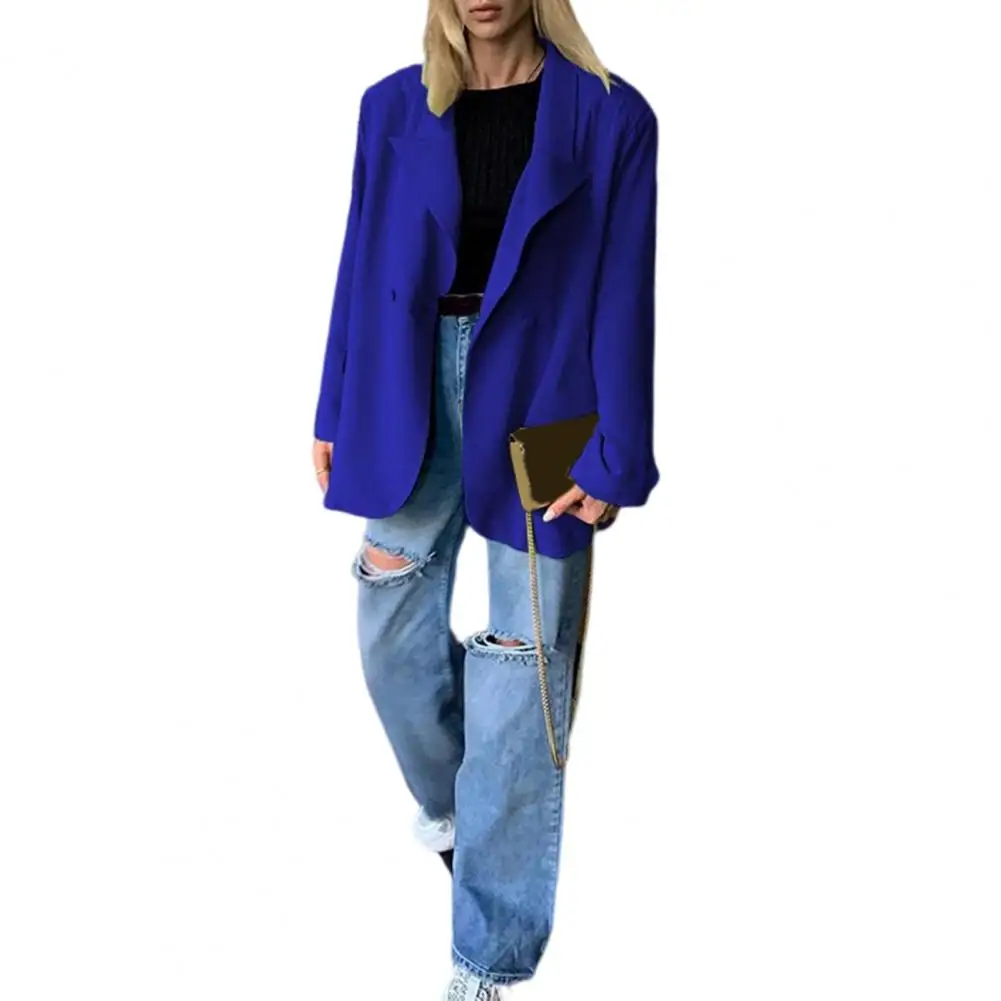 

Office Blazer Women Jacket 2022 Long Sleeve Buttons Placket Solid Color Lapel Loose Autumn Suit Coat Women Workwear