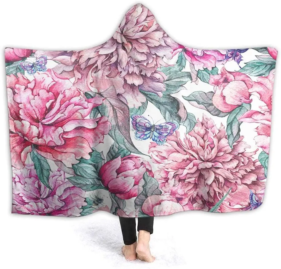

Retro Flowers Hooded Blanket Soft Warm Cozy Wearable Fleece Blanket for Couch Chair Bed Sofa for Men Women 60x50 Inch