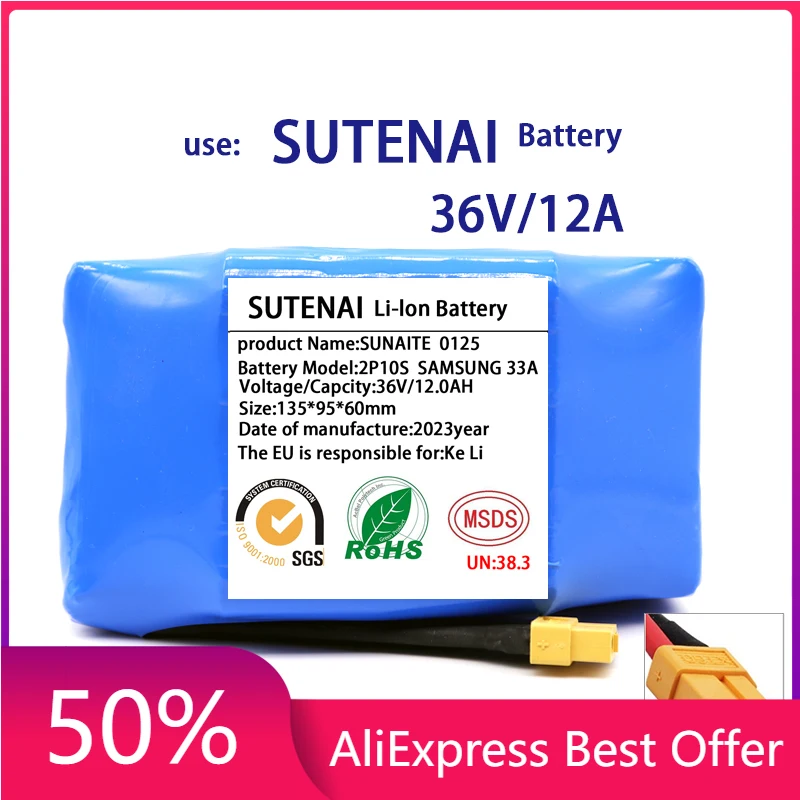 

36V 18650 Battery Pack 12000mAh Rechargeable Lithium ion battery for Electric Self Balancing Scooter HoverBoard Unicycle