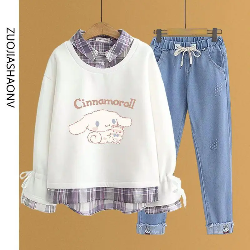 

Костюм Sanrio Cinnamoroll из рубашки и брюк на весну и осень, корейская мода, имитация рубашки, топ, тонкие повседневные джинсы для студентов, комплек...