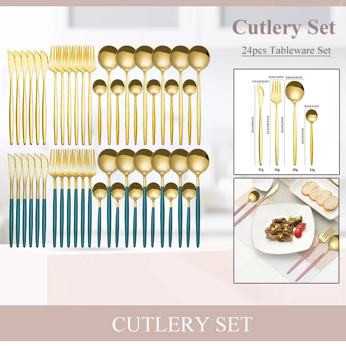 

24pcs Gold Stainless Steel Cutlery Set Dinnerware Set Mirror Silverware Knife Fork Spoon Tableware Flatware Set Dishwasher Safe