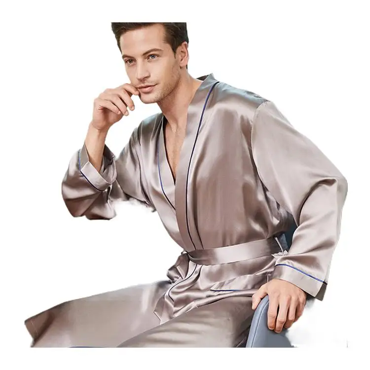 Satin Pure Mulberry 100% Real Silk Robes Sleepwear Long Sleeve Men Silk Robe Light Robes For Coverage