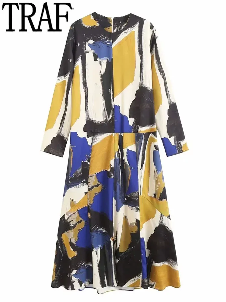 

Длинное платье с принтом TRAF, женское винтажное платье миди, Женские Элегантные повседневные платья, Осень-зима 2023, вечерние платья с длинным...