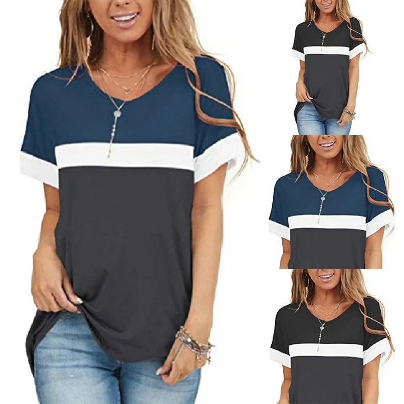 

Women's Solid Color Round Neck Short Sleeve Hit Color Stitching T-Shirt Top