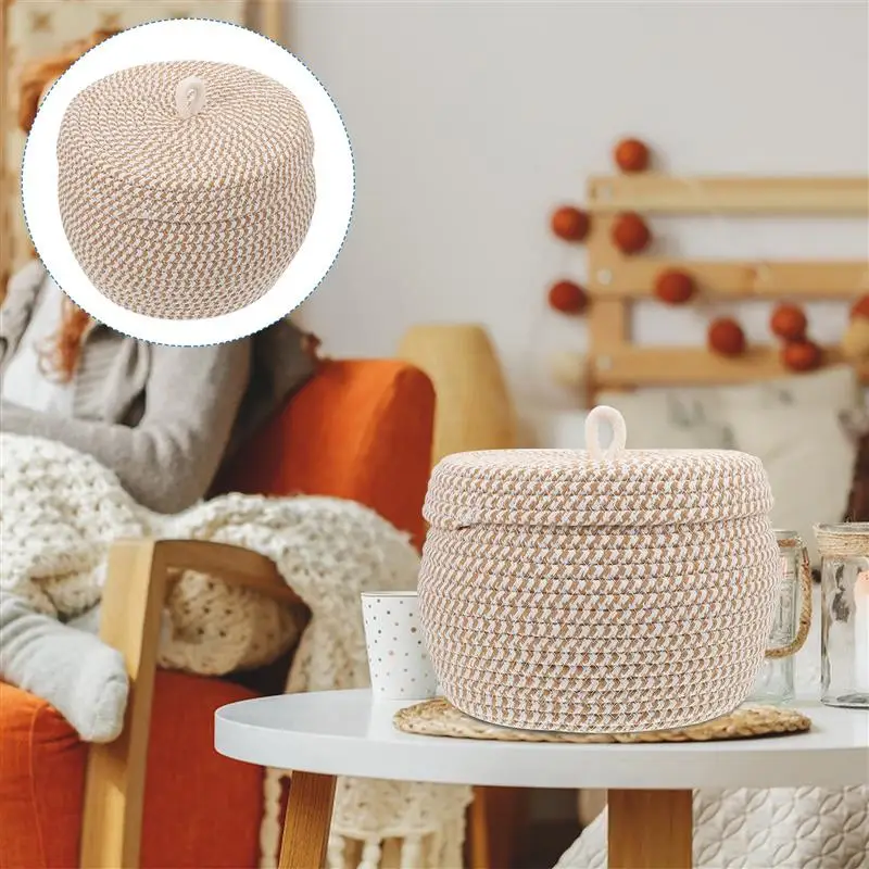 

1pc Creative Cotton Rope Braided Basket Cotton Rope Woven Storage Basket Sundries Basket Desktop Storage Basket with Lid