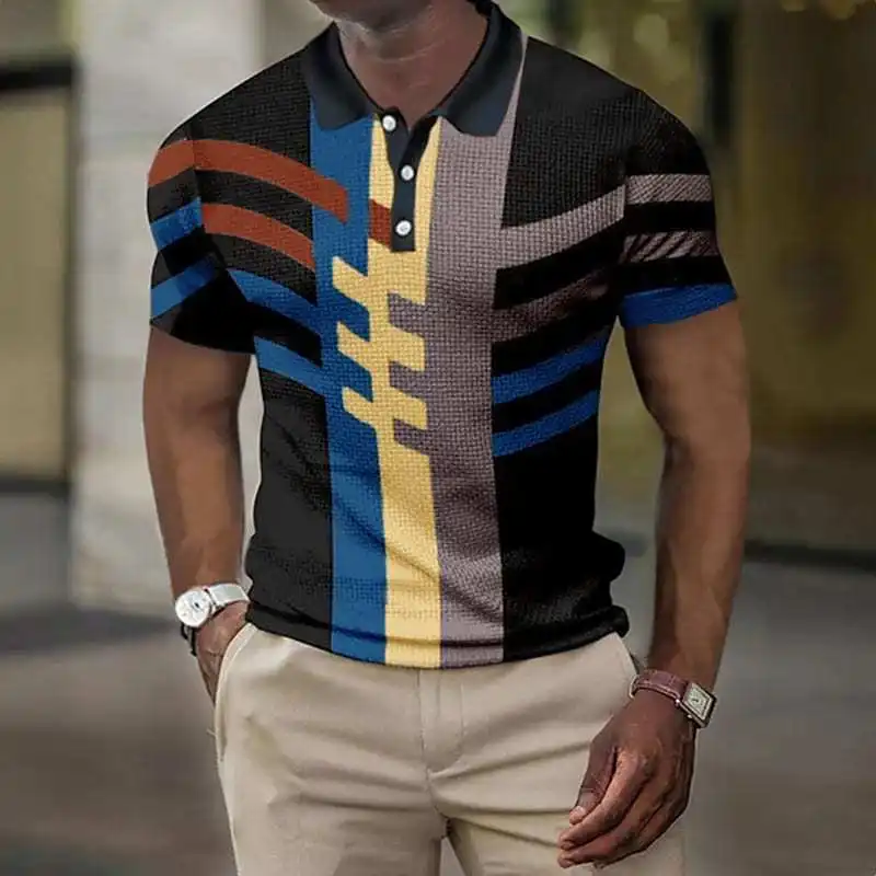

Mens Summer Short Sleeve Polo Striped Business Button-down Shirt