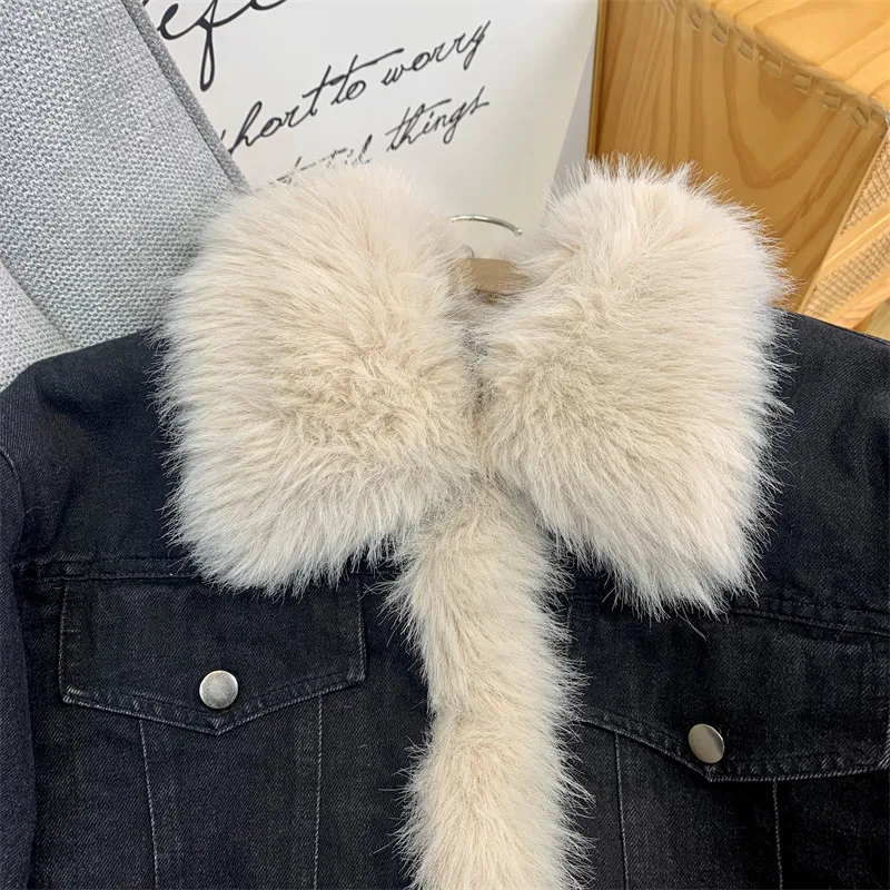 American INS Street Wool  Color Contrast Denim Cotton Jacket Women's Retro Short Autumn And Winter  Versatile Coat